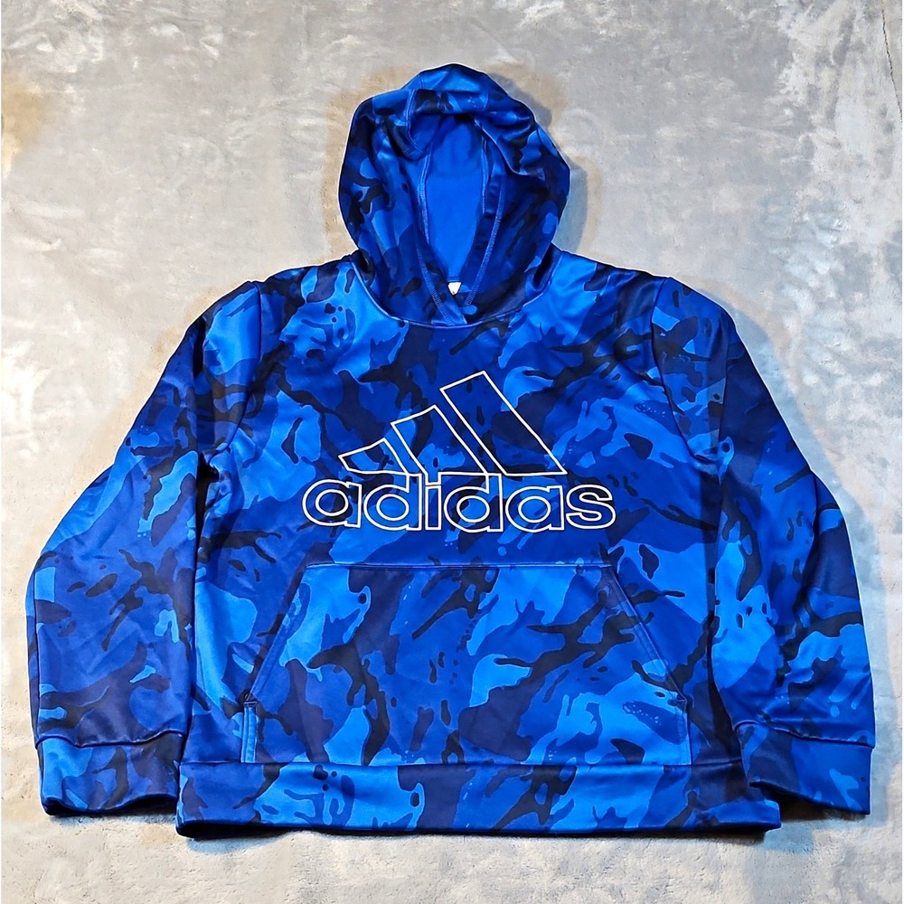 adidas Boys Blue/Black Camo Pullover Hoodie L Polyester Hooded Pockets Logo